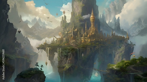 A fantastical world with flying creatures and towering castles