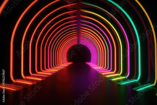 Orange, Pink and Green Colored Stripes form Wavy Neon Lights Tunnel. 3D Render