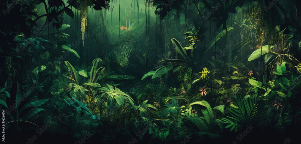 Fototapeta premium Deep tropical jungles. Dense forest landscape. Generative AI