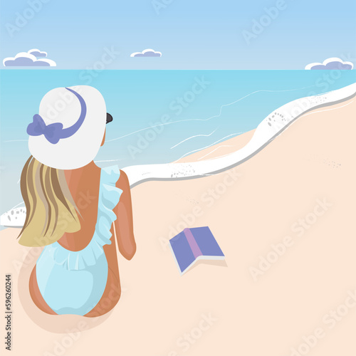 Girl on the beach. A girl in a swimsuit. A girl with a book. Blue swimsuit. A girl in a hat.  Beach. Sea. Vector. Illustration