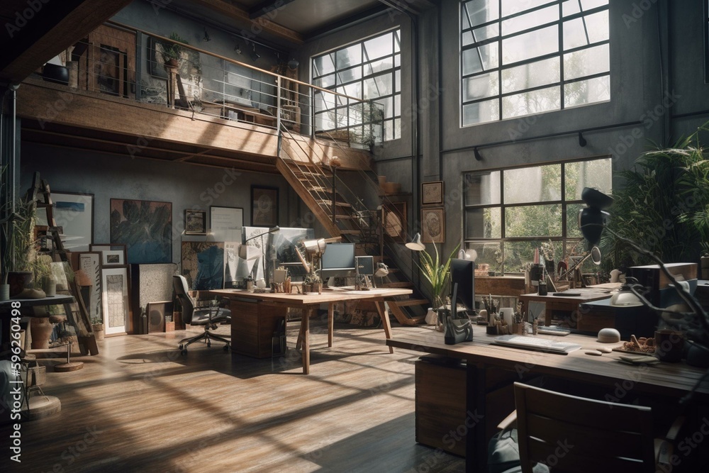 Modern open-plan workspace in a loft setting. Ideal for creative professionals. Generative AI
