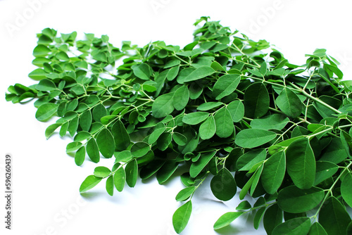 Moringa leaves (Moringa oleifera) isolated on white background. Flat lay, top view, super food, vitamin.