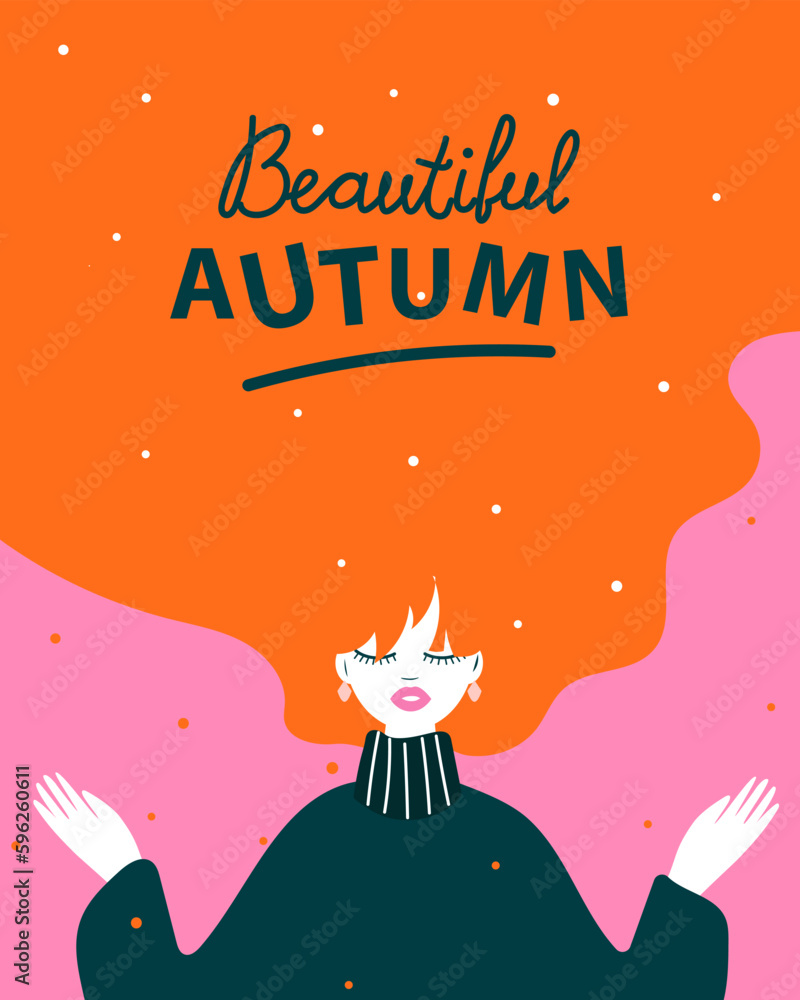 Hello Autumn, design with a young red-haired cheerful girl and the inscription Hello Autumn, design with a young red-haired cheerful girl and the inscription