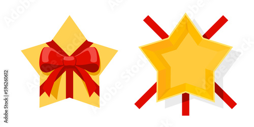 Open a Mystery Reward yellow star gift box with a red ribbon on isolated white background. Random secret loot box top view concept. Vector illustration cartoon flat design.