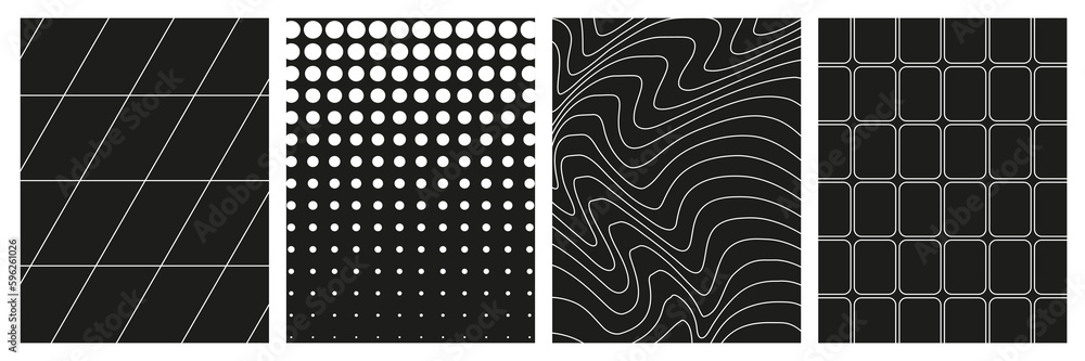 Set of geometry wireframe grid backgrounds in white color on black background. 3D abstract posters, patterns, cyberpunk elements in trendy psychedelic rave style. 00s Y2k retro futuristic aesthetic. - obrazy, fototapety, plakaty 