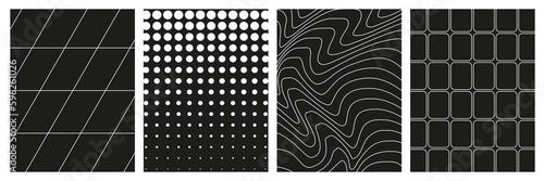 Set of geometry wireframe grid backgrounds in white color on black background. 3D abstract posters, patterns, cyberpunk elements in trendy psychedelic rave style. 00s Y2k retro futuristic aesthetic.