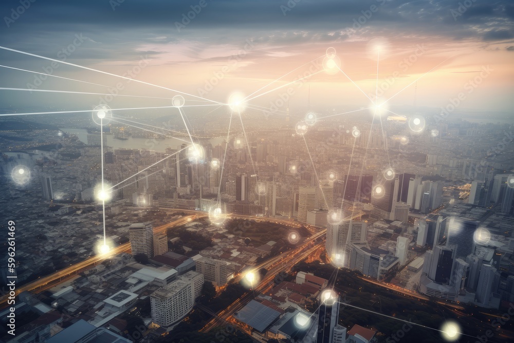 View of network of iot sensors measuring air quality and temperature, sending ...
