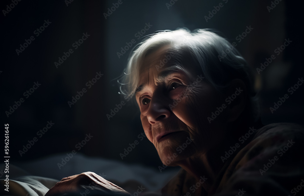 Old woman on her death-bed looking sad and worn. Concept of aging, death and loneliness. Shallow depth of field. Illustrative generative AI. Not a real person.
