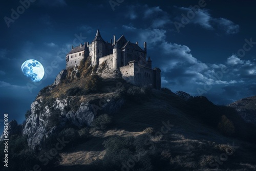 A castle on a hill in moonlight. Generative AI