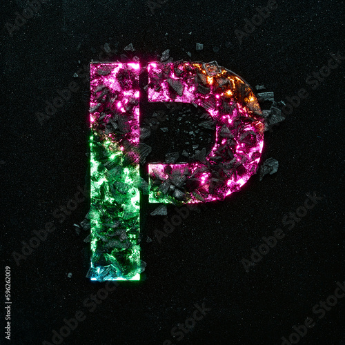 Photography High quality photo of multicolored gradient neon colors capital letter P on black textured background with black stones