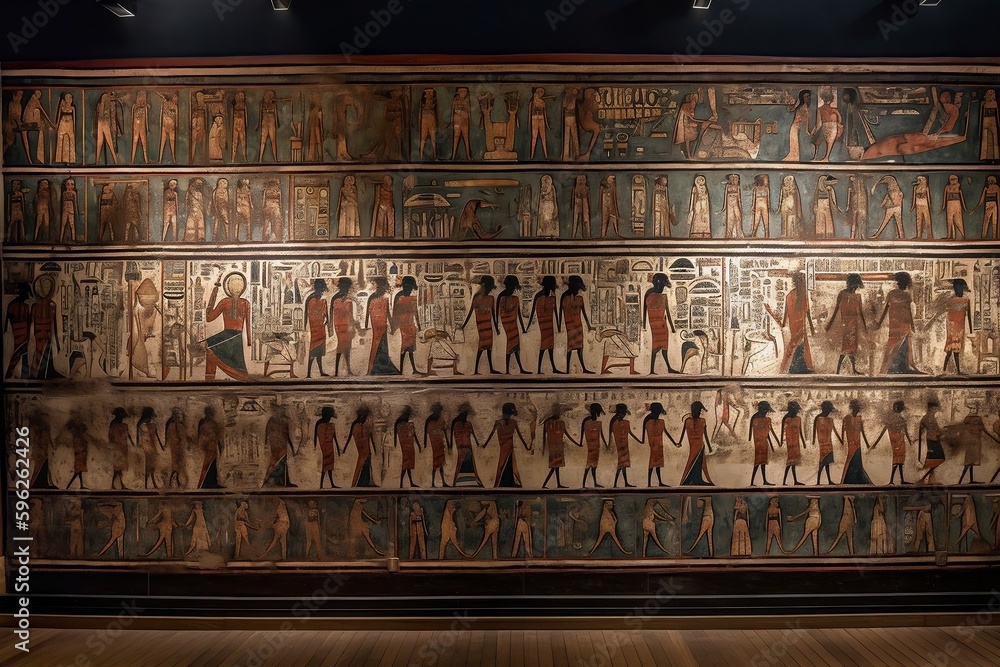an ancient Egyptian mural situated inside a temple. a realistic and ...