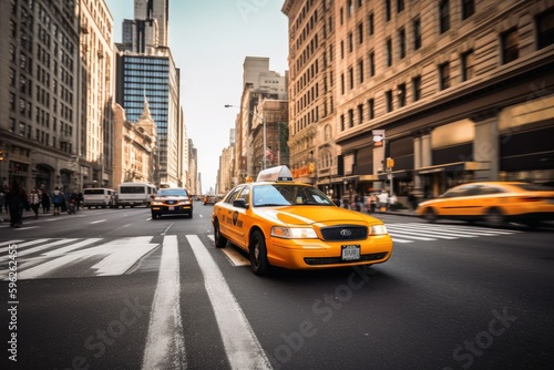 A yellow taxi in the streets of New York created with generative AI technology.