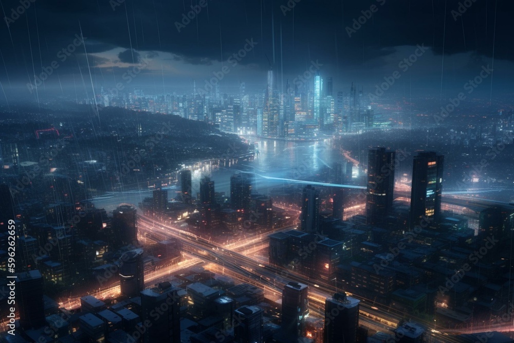 Illustration of futuristic city in darkness. Generative AI