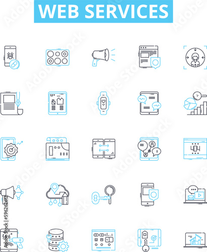 Web services vector line icons set. Web, services, API, REST, SOAP, applications, XML illustration outline concept symbols and signs