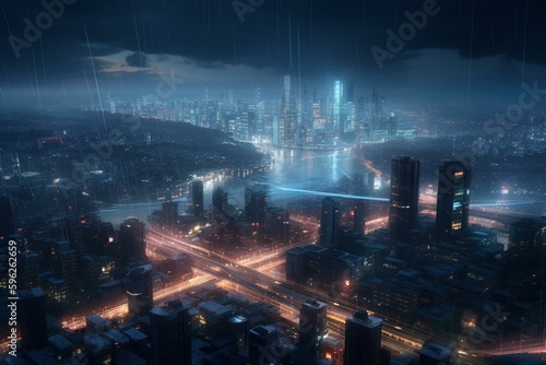 Illustration of futuristic city in darkness. Generative AI