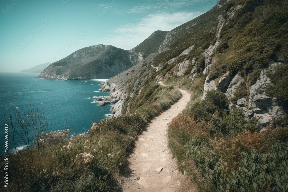 A trail near the lush mountains bordering the stony coastline. Generative AI