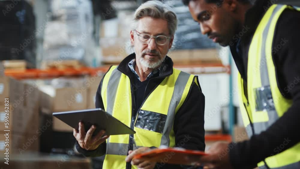 Two warehouse workers scanning SKU's into a warehouse management system using a barcode scanner Two warehouse workers scanning SKU's into a warehouse management system using a barcode scanner