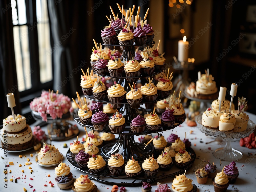 A tiered cake stand with several cupcakes decorated with sprinkles and candles. A tiered cake stand with several cupcakes decorated with sprinkles and candles.
