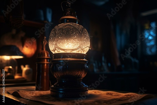 A traditional lamp illuminating the night during Ramadan. Generative AI