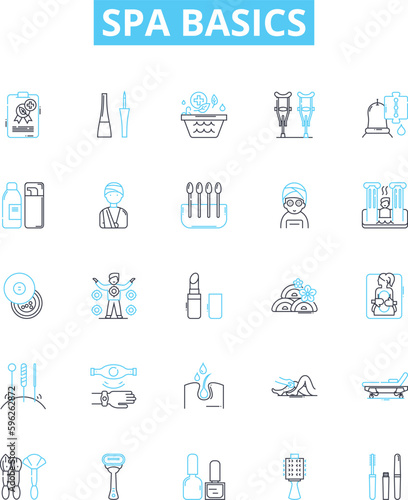 Spa basics vector line icons set. Spa, Services, Treatments, Massage, Facials, Manicures, Pedicures illustration outline concept symbols and signs