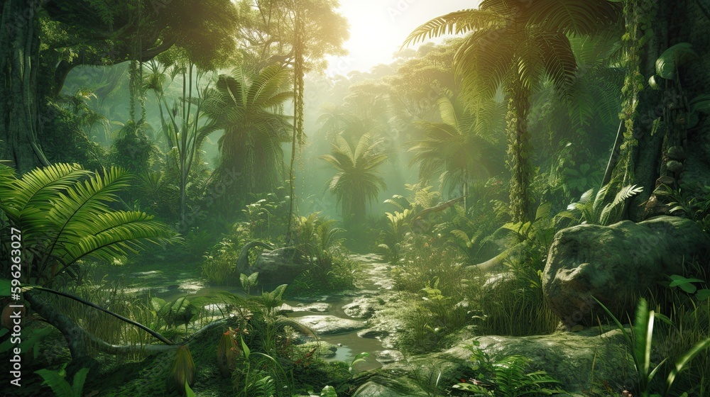 Fototapeta 10,000 BC tropical forests were lush, diverse and full of life. The climate was generally warmer and wetter, which supported dense vegetation and a wide range of species. Game background. AI-generated