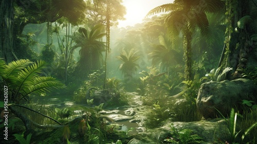 10,000 BC tropical forests were lush, diverse and full of life. The climate was generally warmer and wetter, which supported dense vegetation and a wide range of species. Game background. AI-generated © bennymarty