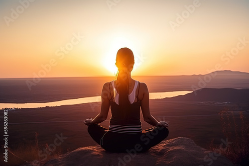 Serenity in Nature: Young Girl Embracing Yoga and Meditation in the sunset. Generative AI