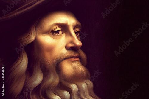 Oil painting portraits of the great polymath Leonardo da Vinci, and historical figures, can be used for education, and cultural commentary, Generative Ai. photo