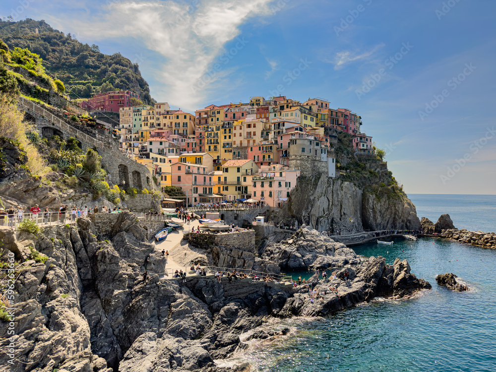 The town of Manarola,  the second-smallest of the famous Cinque Terre in the province of La Spezia, Liguria, northern Italy