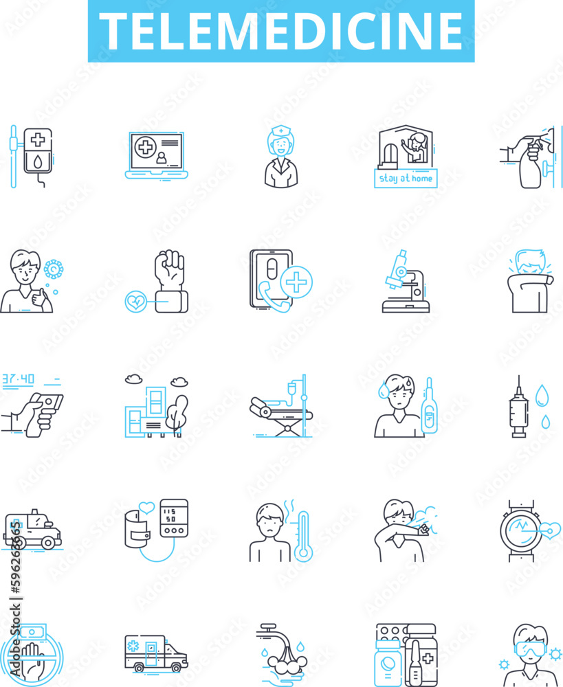 Telemedicine vector line icons set. Telehealth, Video, Remote, Telemedicine, HealthCare, Communication, Diagnostics illustration outline concept symbols and signs