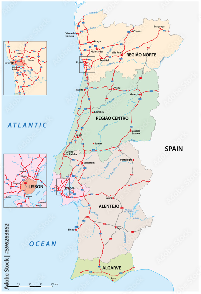 Regional Administrative and Motorway vector map of Portugal