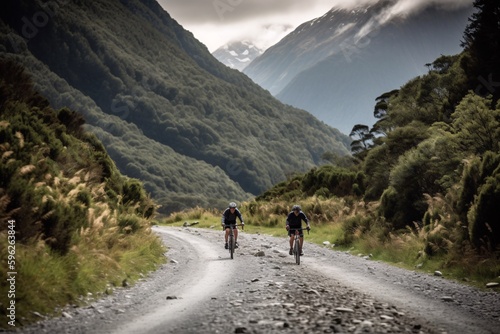 Cycling Adventure: Two cyclists biking through scenic roads surrounded by mountains and trees. Generative Ai. © ckybe