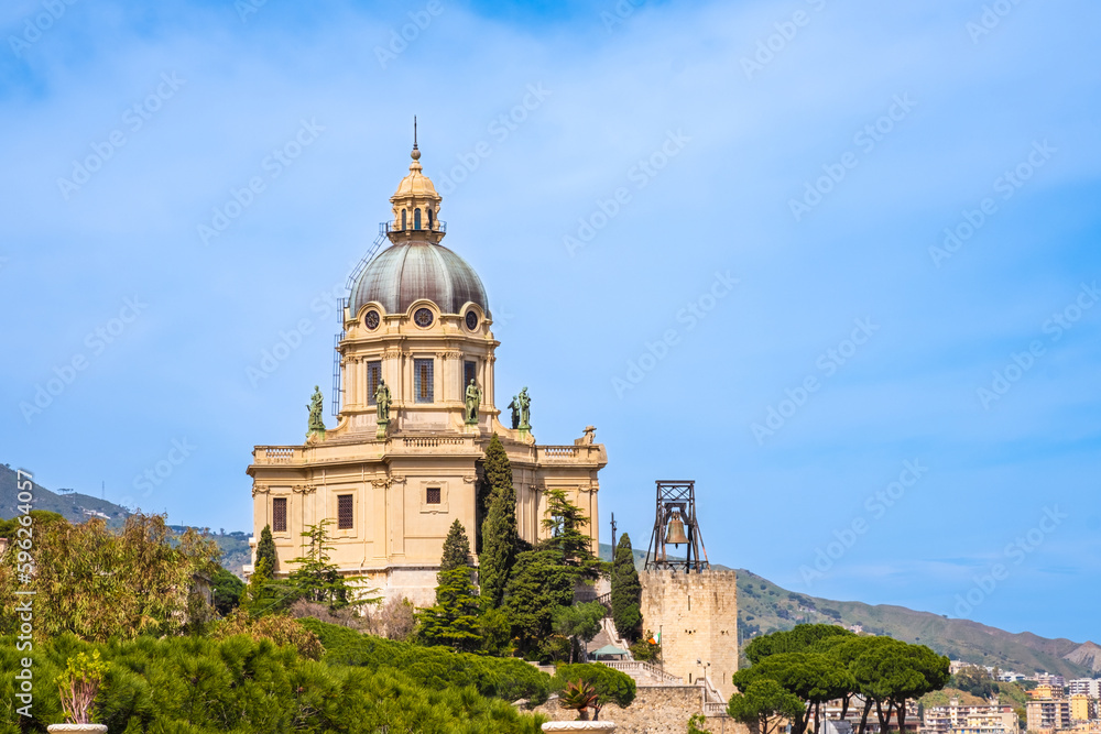 Votive Temple of Christ the King or Tempio di Cristo Re on hill over town as memorial to Italian soldiers in Messina on Sicily island, Italy