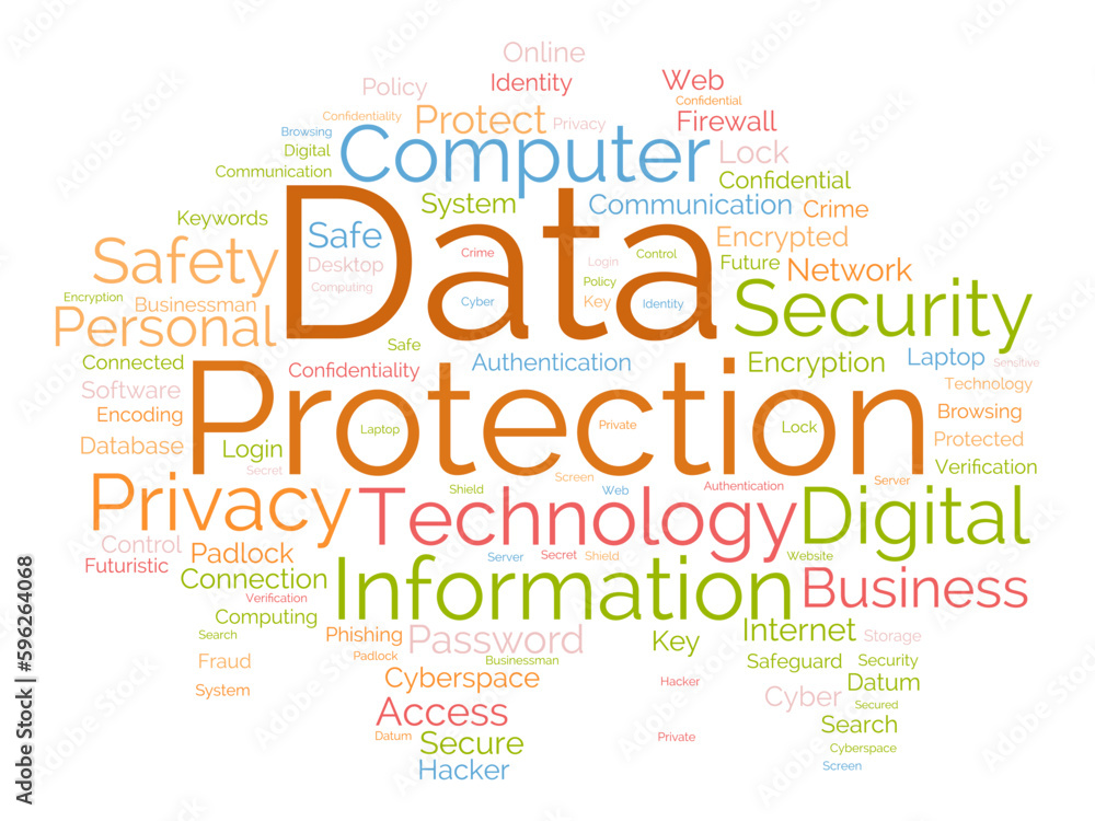 Fototapeta premium Word cloud background concept for Data protection. Digital security, network technology encryption of cyber cloud safety. vector illustration.