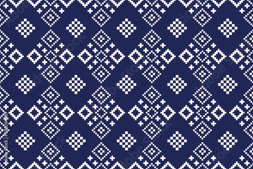 Indigo navy blue geometric traditional ethnic pattern Ikat seamless pattern border abstract design for fabric print cloth dress carpet curtains and sarong Aztec African Indian Indonesian 