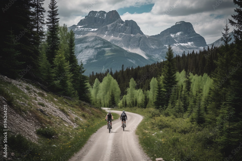 Cycling Adventure: Two cyclists biking through scenic roads surrounded by mountains and trees. Generative Ai.