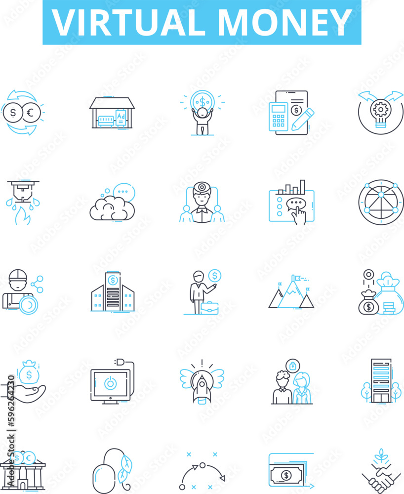 Virtual money vector line icons set. Cryptocurrency, E-money, Token, Crypto, Fiatcoin, Digitalcash, Paycoin illustration outline concept symbols and signs Virtual money vector line icons set. Cryptocurrency, E-money, Token, Crypto, Fiatcoin, Digitalcash, Paycoin illustration outline concept symbols and signs
