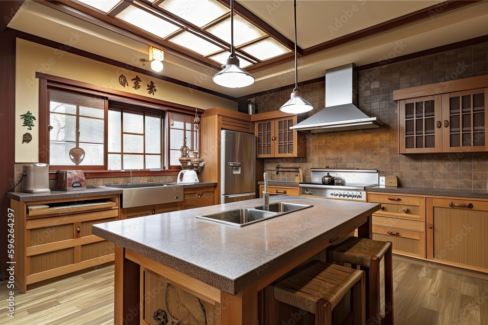 traditional japanese style kitchen with wooden countertops and stone