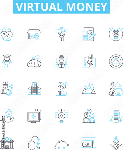 Virtual money vector line icons set. Cryptocurrency, E-money, Token, Crypto, Fiatcoin, Digitalcash, Paycoin illustration outline concept symbols and signs