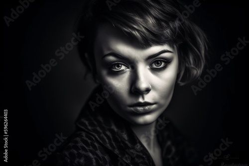 Dramatic Black and White Beautiful Womna Portrait with Bold Eyeliner. Generative Ai