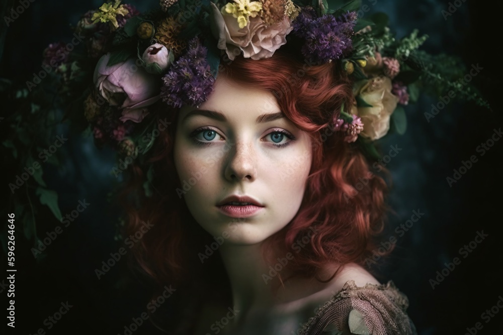 Ethereal Fantasy Portrait of beautiful woman with Floral Crown. Generative Ai. Ethereal Fantasy Portrait of beautiful woman with Floral Crown. Generative Ai.