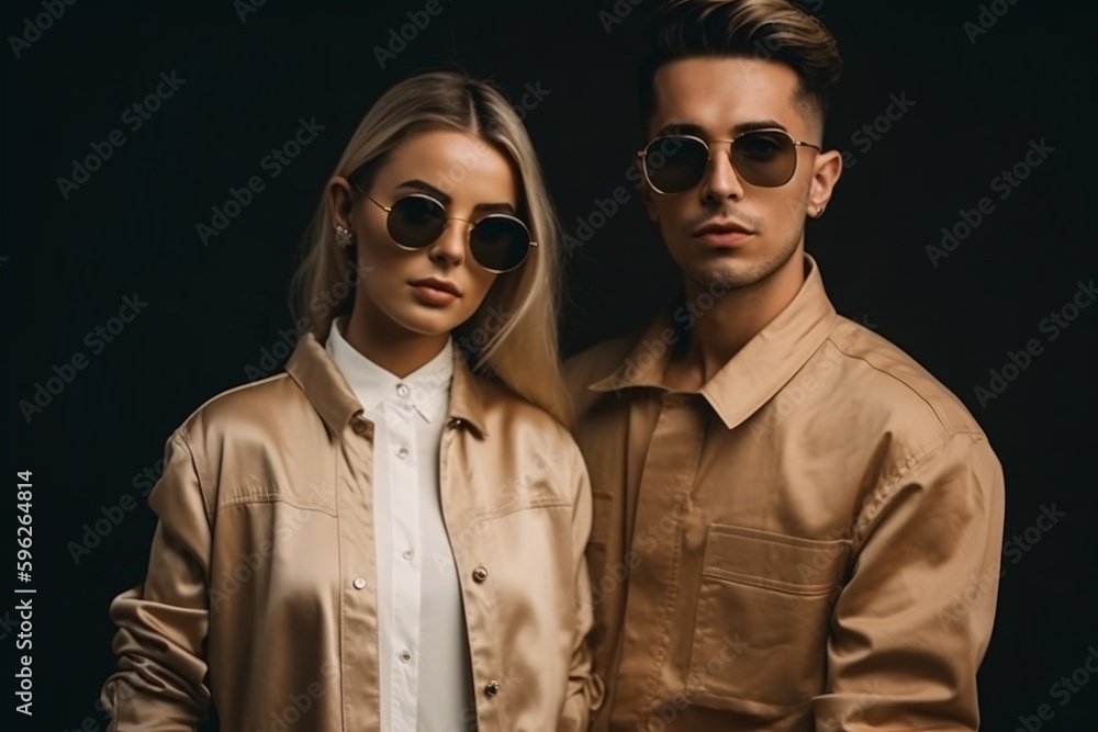 Fashionable couple of beautiful man and woman posing together in matching outfits. Generative Ai.