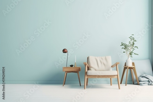Minimal Scandinavian living room with wooden chair on pastel blue background. Panoramic design illustration. Generative AI © Amaryllis