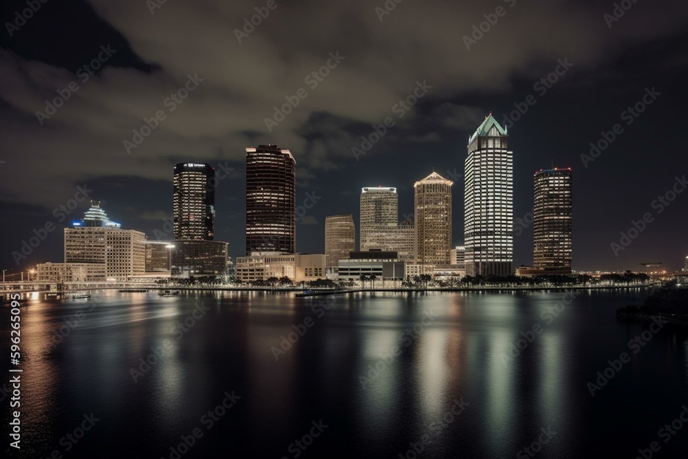 Panoramic Tampa skyline view over bay & riverwalk. Generative AI