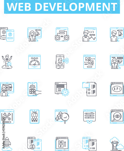 Web development vector line icons set. Web, Development, HTML, CSS, JavaScript, AJAX, PHP illustration outline concept symbols and signs