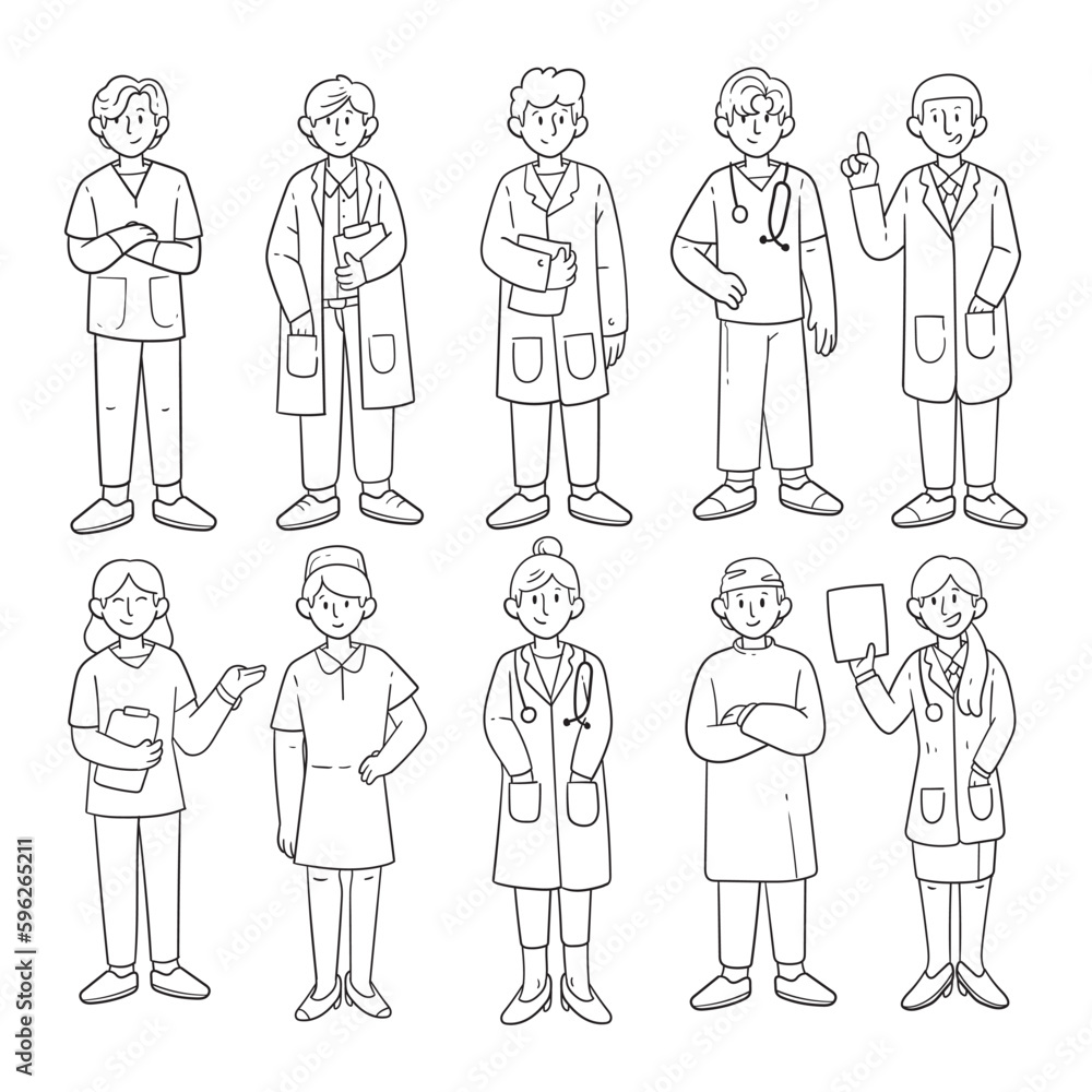 Set of doctor and nurse character hand-drawn outline sketch illustration Set of doctor and nurse character hand-drawn outline sketch illustration