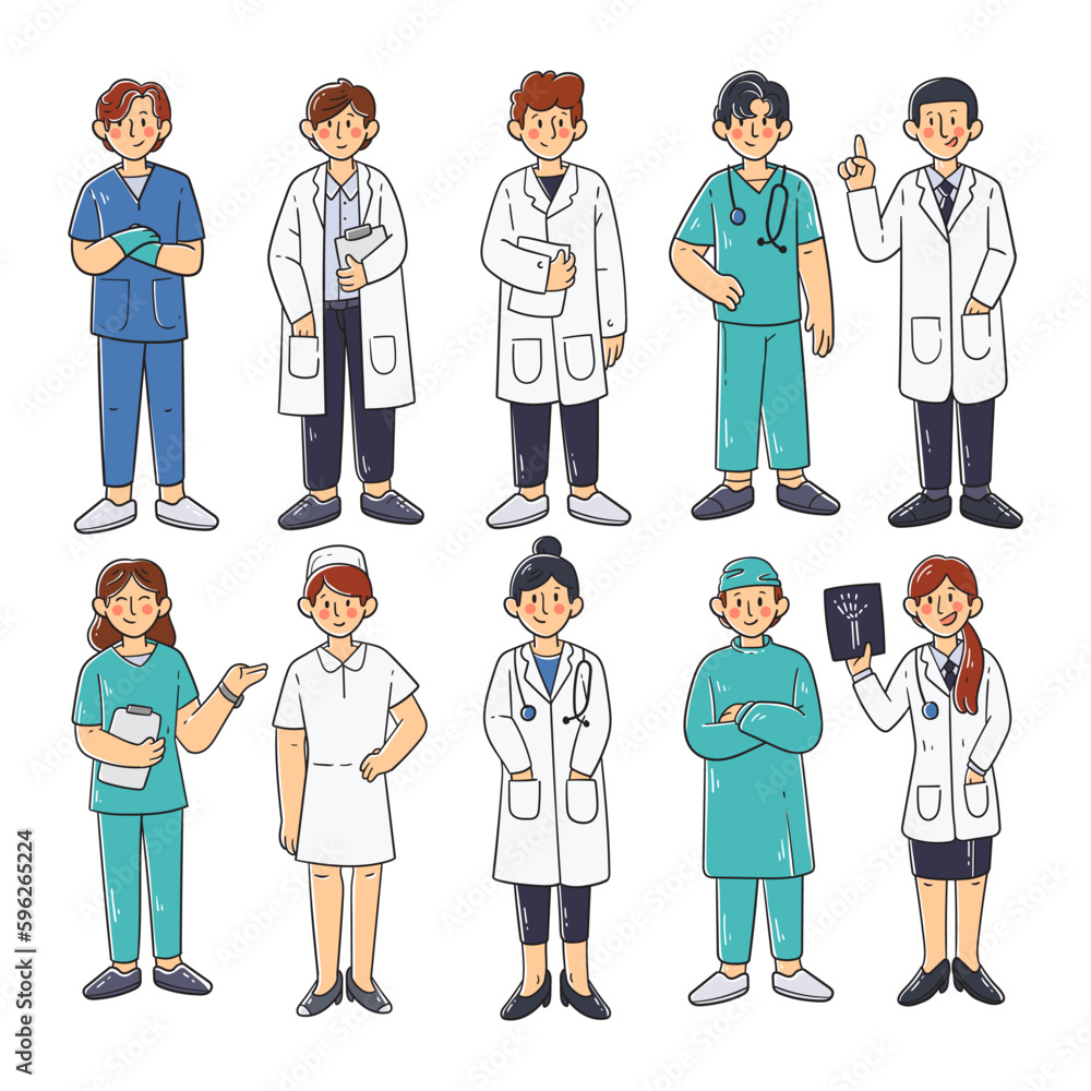 Set of doctor and nurse character hand-drawn illustration Set of doctor and nurse character hand-drawn illustration