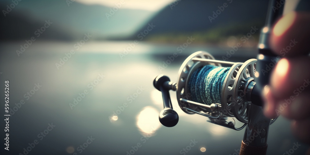 fishing rod on the background of the lake. Generative AI - obrazy, fototapety, plakaty 