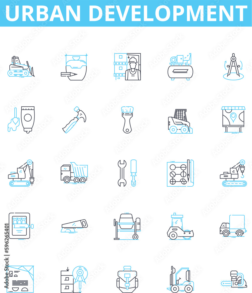 Urban development vector line icons set. Urban, Development, Cities, Infrastructure, Housing, Sustainability, Technology illustration outline concept symbols and signs Urban development vector line icons set. Urban, Development, Cities, Infrastructure, Housing, Sustainability, Technology illustration outline concept symbols and signs