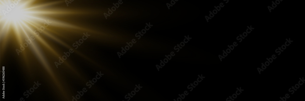 Light ray or sun beam vector background. Abstract gold light sparkle flash spotlight backdrop with golden sunlight shine on black background	